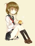  bad_id bad_pixiv_id brown_eyes brown_hair folded_ponytail food inazuma_(kantai_collection) kantai_collection loafers neckerchief plate pudding school_uniform sencha_(coldcolor) serafuku shoes skirt smile solo spoon 