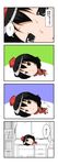  1girl 4koma close-up comic cosplay expressionless face grey_hair hat highres looking_at_viewer lying mikazuki_neko on_side shameimaru_aya short_hair sukuna_shinmyoumaru sukuna_shinmyoumaru_(cosplay) tokin_hat touhou translated 