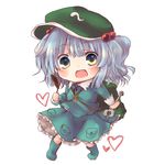  :o backpack bag blue_eyes blue_hair blush blush_stickers boots cattail chibi dress frilled_skirt frills full_body hair_bobbles hair_ornament hat heart kawashiro_nitori key kudukimii long_sleeves open_mouth plant pocket puffy_long_sleeves puffy_sleeves ribbon rubber_boots shirt short_hair simple_background skirt skirt_set smile solo tools touhou two_side_up white_background wrench 