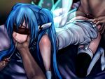  1girl artist_request ass bed blindfold blue_hair cheek_bulge chin_grab cum cum_in_mouth cum_on_ass cum_string elbow_gloves eyemask gangbang gloves group_sex long_hair nymph_(sora_no_otoshimono) penis sora_no_otoshimono thighhighs twintails very_long_hair wings 