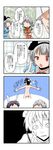  4koma animal_ears backpack bag bandaged_arm bandages blue_dress breasts bunny_ears china_dress chinese_clothes comic commentary cosplay crossed_arms dress flower from_behind grey_hair highres ibaraki_kasen ibaraki_kasen_(cosplay) izayoi_sakuya jewelry kawashiro_nitori kawashiro_nitori_(cosplay) key konpaku_youmu long_hair medium_breasts mikazuki_neko multiple_girls necklace outstretched_arms parody pendant puffy_short_sleeves puffy_sleeves purple_hair red_eyes reisen_udongein_inaba shameimaru_aya short_hair short_sleeves sunflower touhou translated turn_pale two_side_up 