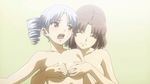  2girls animated animated_gif atia_simmons attia_simmons blush breast_grab chiffon_fairchild eyes_closed freezing_(series) grabbing multiple_girls short_hair small_breasts smile standing talking white_hair yuri 