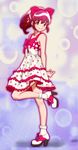  absurdres aino_megumi amawa_kazuhiro blush bow casual dress eyelashes fashion hair_ornament hair_ribbon happinesscharge_precure! happy high_heels highres long_hair looking_at_viewer pink_bow pink_eyes pink_hair ponytail precure ribbon shoes smile solo standing 