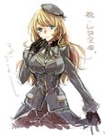  atago_(kantai_collection) beret black_gloves blonde_hair blue_eyes gloves hat kantai_collection long_hair looking_at_viewer sketchbook skirt smile solo tadano_kagekichi translation_request 