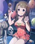  :p balloon blush brown_hair dress idolmaster idolmaster_million_live! inumi long_hair miyao_miya official_art purple_eyes ribbon skull st_bernard tongue tongue_out 