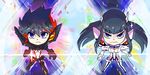  black_hair blue_eyes breasts chibi cleavage highres junketsu kill_la_kill kiryuuin_satsuki large_breasts lens_flare matoi_ryuuko multicolored_hair multiple_girls navel senketsu sparkle transformation two-tone_hair uri_(uryu002) 