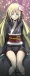  aqua_eyes blonde_hair flower guilty_crown guilty_crown_lost_christmas hair_flower hair_ornament japanese_clothes kimono looking_at_viewer namaniku_atk obi panties panty_pull present_(guilty_crown) sash sitting smile solo underwear upskirt 