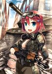  ahoge ak-47 akuko_(arc) alliance_of_valiant_arms assault_rifle blue_eyes blurry camouflage caterpillar_tracks depth_of_field gia goggles goggles_on_head ground_vehicle gun hair_ornament hairclip looking_at_viewer military military_vehicle motor_vehicle open_mouth rifle short_hair solo tank weapon 
