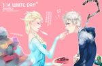  1boy 2girls blue_eyes chocolate crossover elsa_(frozen) frozen_(disney) gift jack_frost_(rise_of_the_guardians) multiple_girls rise_of_the_guardians staff toothiana_(rise_of_the_guardians) translation_request white_hair 