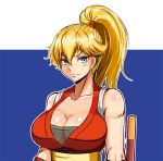  1girl blonde_hair blue_eyes breasts cleavage final_fight fingerless_gloves fishnets genryuusai_maki gloves high_ponytail large_breasts long_hair ponytail solo street_fighter tonfa weapon xyz_(kamikazejap) 