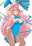  animal_ears bare_shoulders black_legwear blush bow bowtie breasts bunny_ears bunny_girl bunny_tail bunnysuit cleavage detached_collar fan folding_fan hata_no_kokoro highres large_breasts long_hair looking_at_viewer mask pantyhose pink_eyes pink_hair rindou_(p41neko) simple_background solo tail tears touhou white_background wrist_cuffs 