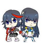  black_hair blue_eyes boots chibi epaulettes gloves high_heels junketsu kill_la_kill kiryuuin_satsuki long_hair matoi_ryuuko multicolored_hair multiple_girls scissor_blade senketsu shoes single_glove skirt sneakers sparkle suspenders two-tone_hair uniform uri_(uryu002) 