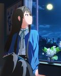  artist_request black_hair blue_eyes book city flower full_moon half_updo heart idolmaster idolmaster_million_live! indoors long_hair looking_out_window looking_up mogami_shizuka moon night official_art solo window 