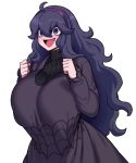  1girl @_@ ahoge al_bhed_eyes alternate_breast_size bags_under_eyes black_sweater breasts clenched_hands creatures_(company) curvy dress game_freak hair_between_eyes hairband happy hex_maniac_(pokemon) highres huge_breasts long_dress long_hair messy_hair nail_polish nintendo open_mouth pokemon pokemon_(game) pokemon_xy purple_dress purple_eyes purple_hair purple_hairband purple_nails ribbed_sweater smile solo space_jin spider_web_print sweater turtleneck turtleneck_sweater 