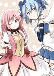  alternate_hairstyle armband blue_eyes blue_hair bow cape gloves hair_bow hairstyle_switch kaname_madoka mahou_shoujo_madoka_magica miki_sayaka multiple_girls personality_switch pink_eyes pink_hair short_hair short_twintails twintails u_u_(mooooooou) 