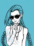  1girl blue_hair braid hairline hikikomoriai jinx_(league_of_legends) league_of_legends long_hair sunglasses tattoo tattoos 