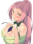  bare_shoulders between_breasts blush breasts food green_eyes highres jpeg_artifacts large_breasts long_hair looking_at_viewer michairu no-rin open_mouth ponytail red_hair sexually_suggestive shiny shiny_skin simple_background solo sweat white_background yoshida_kochou 