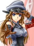  bismarck_(kantai_collection) bismarck_(kantai_collection)_(cosplay) blue_eyes breasts brown_gloves brown_hair cosplay detached_sleeves double_bun gloves hat ishii_hisao kantai_collection kongou_(kantai_collection) large_breasts long_hair peaked_cap smile solo 