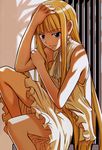  bangs blonde_hair blush colorized dress evangeline_a_k_mcdowell frilled_dress frills hand_on_own_arm hand_on_own_head highres leg_up long_hair mahou_sensei_negima! sitting sleeveless sleeveless_dress solo ulquiorra90 uq_holder! very_long_hair white_dress 