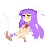  bangs blush book breast_grab breasts grabbing hat large_breasts matsuri_(araiyuutoo) open_book partially_colored patchouli_knowledge purple_eyes purple_hair reading solo_focus touhou work_in_progress 