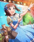  amami_haruka animal_ears brown_hair dress green_eyes idolmaster idolmaster_(classic) idolmaster_million_live! long_hair multiple_girls official_art open_mouth ribbon shinomiya_karen short_hair smile stage_lights tail 