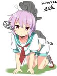  all_fours backpack bag highres kantai_collection looking_at_viewer necktie open_mouth pink_eyes pink_hair sch short_hair shorts slit_pupils solo tama_(kantai_collection) 