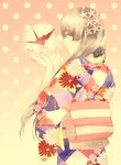  brown_hair floral_print flower hair_flower hair_ornament highres japanese_clothes kimono long_hair obi origami original paper_crane polka_dot polka_dot_background porigon sash solo 