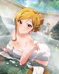  alternate_hairstyle artist_request bird blonde_hair blush breasts brown_hair cleavage duck idolmaster idolmaster_million_live! large_breasts lens_flare looking_at_viewer momose_rio multiple_girls official_art purple_eyes shinomiya_karen smile tokoro_megumi towel wet wet_towel white_towel 