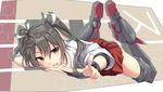  grey_hair japanese_clothes kantai_collection legs_up long_hair lying muneate on_stomach open_mouth pointing solo twintails yukiru_akitera zuikaku_(kantai_collection) 