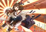  ahoge bare_shoulders boots brown_hair detached_sleeves double_bun dutch_angle hairband japanese_clothes kantai_collection kongou_(kantai_collection) long_hair open_mouth rising_sun satori0121 solo sunburst thigh_boots thighhighs translation_request water 