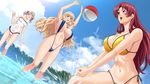  3girls ball bikini blonde_hair breasts cleavage curvy grey_hair large_breasts long_hair marina_jefferson medium_breasts multiple_girls noriheita ocean playing red_hair rinkai_gakuen silver_hair sling_bikini small_breasts swimsuit takamine_rin takamine_yuuna twintails water 