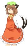  animal_ears arms_behind_back blouse brown_hair cat_ears cat_tail chen frilled_skirt frills hat kibisake mob_cap multiple_tails nekomata red_eyes short_hair simple_background skirt solo tail touhou two_tails vest white_background 