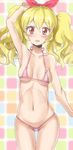  aikatsu! aikatsu!_(series) arm_up armpits bikini blonde_hair blush hoshimiya_ichigo kaosu_nigou long_hair looking_at_viewer micro_bikini open_mouth red_eyes ribs shiny shiny_skin skindentation solo swimsuit thigh_gap twintails 