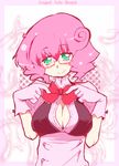  blush breasts candy_pop_nightmare glasses gloves green_eyes hys-d looking_at_viewer medium_breasts pink_hair short_hair smile solo 