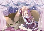  bow cat_hair_ornament checkered checkered_floor curtains dress giant_cat green_eyes hair_bow hair_ornament inugami_kira off_shoulder original pink_hair purple_eyes sitting wariza 