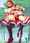  apron arm_hug basket black_legwear blonde_hair blue_eyes blush bow brown_eyes bug butterfly cosplay dark_skin dress dress_tug forest garter_straps hood insect little_red_riding_hood little_red_riding_hood_(grimm) little_red_riding_hood_(grimm)_(cosplay) long_hair master_of_epic mikuru_beam multiple_girls muscle nature one_eye_closed open_mouth outdoors petticoat red_dress ribbon senzoc shoes side-by-side smile standing thighhighs 