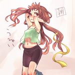  arms_behind_head bike_shorts blush breasts brown_eyes brown_hair camisole covered_nipples freckles hair_down hair_ribbon isuzu_(log_horizon) log_horizon long_hair midriff mo_(deciliter) navel open_mouth ribbon small_breasts solo tears untied 