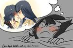  aoi_the_wild black_hair blush colorized eyebrows frown full-face_blush imagining kill_la_kill kiryuuin_satsuki kiss lowres matoi_ryuuko multiple_girls partially_colored thick_eyebrows under_covers watermark web_address wide_awake yuri 