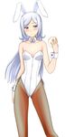  aila_jyrkiainen animal_ears baozi blush bow bowtie breasts bunny_ears bunnysuit cleavage covered_navel food gundam gundam_build_fighters highres kenken leotard long_hair medium_breasts pantyhose side-tie_leotard silver_hair simple_background smile solo white_background wrist_cuffs 