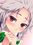  blush braid face forehead hair_ribbon hair_slicked_back hands_together hayashi_custom highres izayoi_sakuya looking_at_viewer mouth red_eyes ribbon short_hair silver_hair solo touhou tress_ribbon twin_braids 