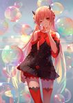  ask_(askzy) bare_shoulders blowing bubble eyelashes flat_chest horns long_hair looking_at_viewer one_eye_closed parted_lips pink_hair pixiv_fantasia pixiv_fantasia_fallen_kings red_eyes red_legwear slit_pupils solo thighhighs very_long_hair 