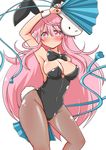  animal_ears bare_shoulders black_legwear blush bow bowtie breasts bunny_ears bunny_girl bunny_tail bunnysuit cleavage detached_collar fan folding_fan hata_no_kokoro highres large_breasts long_hair looking_at_viewer mask pantyhose pink_eyes pink_hair rindou_(p41neko) simple_background solo tail touhou white_background wrist_cuffs 