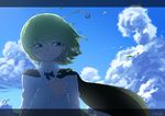 antennae backlighting bad_id bad_pixiv_id cape cloud commentary_request day green_eyes green_hair hands_on_own_chest hands_together letterboxed long_sleeves looking_away short_hair sky smile solo space_jin touhou wind wriggle_nightbug 