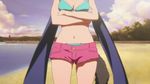  1girl animated animated_gif bikini_top breasts chuunibyou_demo_koi_ga_shitai! cleavage denim denim_shorts green_eyes heart navel pink_hair scarf shichimiya_satone shorts 