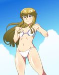  bikini blue_eyes blush breast_conscious brown_hair flat_chest kugimiya_kei long_hair majestic_prince navel solo swimsuit taa_yuu 