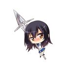  black_hair blush brown_eyes chibi gia_kon himeragi_yukina looking_at_viewer partisan plaid plaid_skirt polearm ribbon saikai_academy_uniform school_uniform skirt solo strike_the_blood weapon 