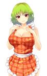  apron bad_id bad_pixiv_id blush breasts cleavage green_hair highres kazami_yuuka large_breasts looking_at_viewer naked_apron red_eyes short_hair simple_background smile solo touhou white_background x&amp;x&amp;x 