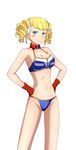  bikini blonde_hair blue_eyes blush_stickers breasts cleavage cosplay crotch_zipper drill_hair gloves gundam gundam_build_fighters gundam_card_builder hands_on_hips highres kenken medium_breasts navel red_gloves reiko_holinger reiko_holinger_(cosplay) short_hair simple_background smile solo swimsuit white_background yajima_caroline zipper 