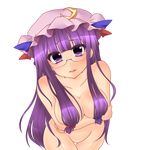  bespectacled blush breasts crescent glasses hair_censor hair_over_breasts hat highres hirasawa_yuu large_breasts long_hair nude patchouli_knowledge purple_eyes purple_hair solo touhou transparent_background 