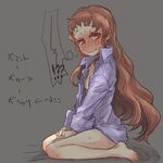  barefoot blush bottomless breasts brown_eyes brown_hair dress_shirt embarrassed freckles hair_down isuzu_(log_horizon) log_horizon long_hair mo_(deciliter) naked_shirt open_clothes open_shirt shirt sitting small_breasts solo sweat sweatdrop tears wariza wavy_mouth 